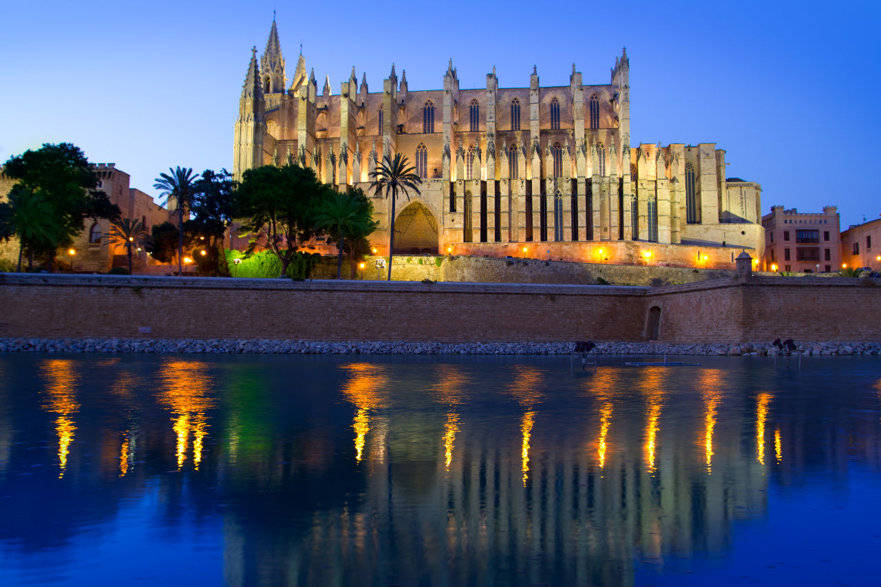 A beautiful cathedral lit up at night