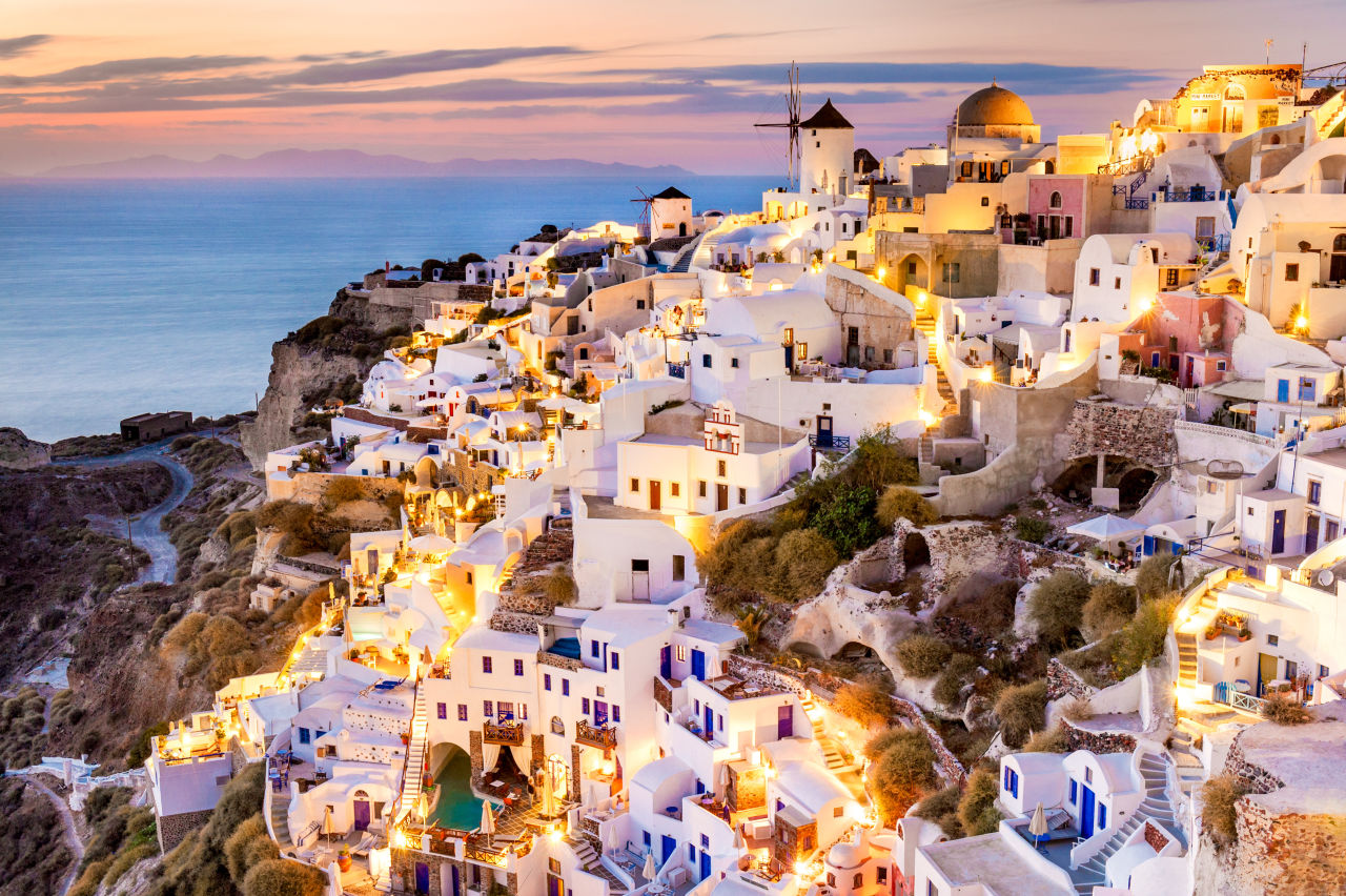 The Greek island of Santorini lit up at night