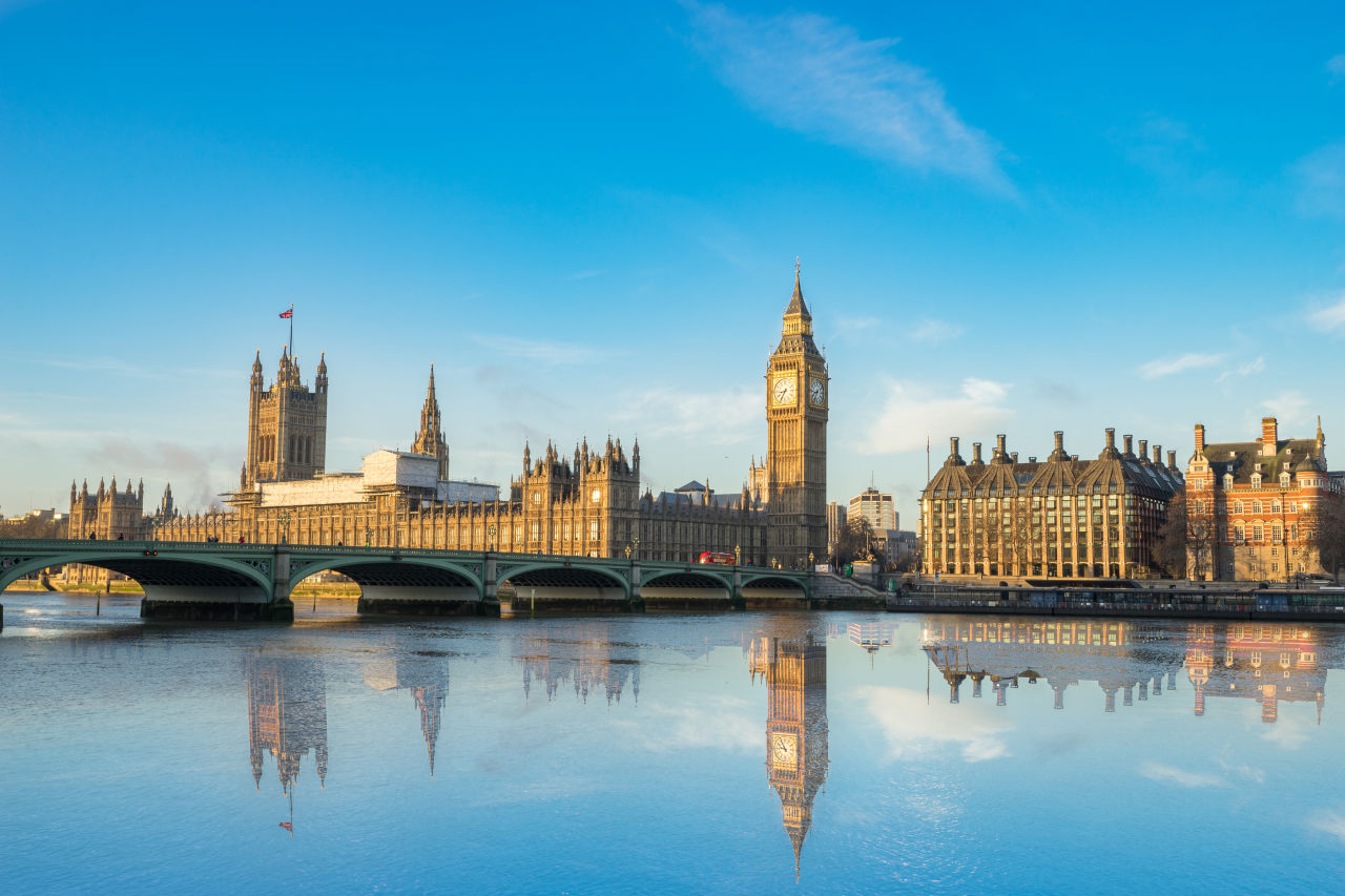 A long shot of Big Ben and the Houses of Parliament