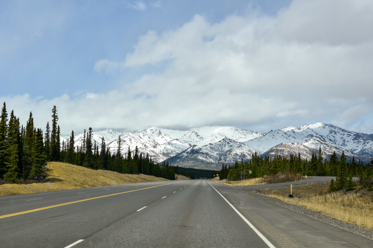 A highway with mountains in the background in Alaska