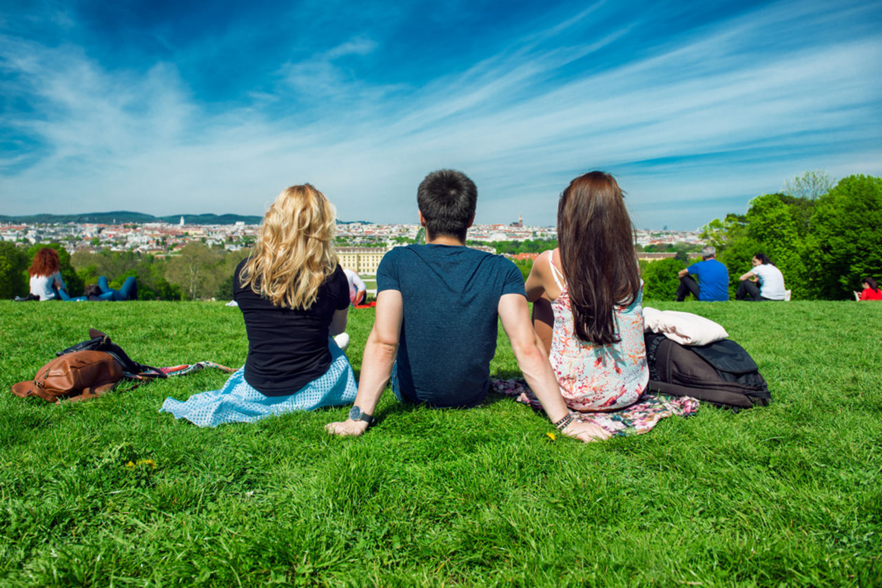 Freunde sitzen auf einem Hügel mit Blick auf Wien