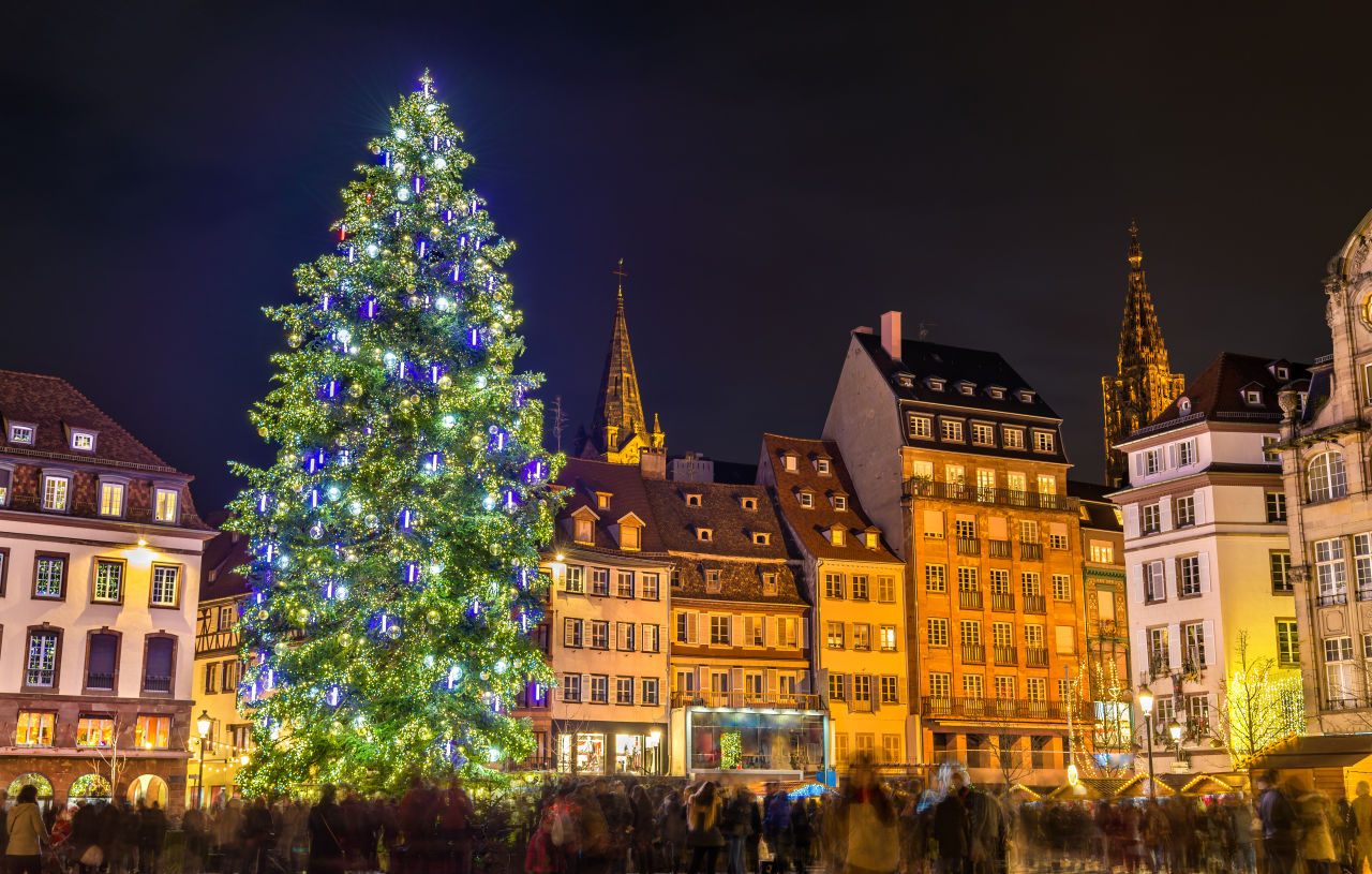 Christmas free in front of timbered buildings in Strasbourg
