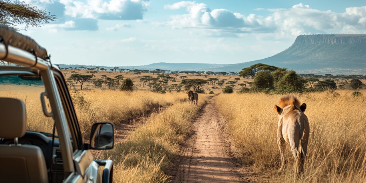 person in a safari jeep looking at a lion