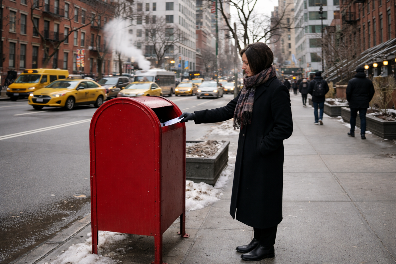 Woman mailing a letter in a red mailbox on a winter city street with yellow taxis and apartment buildings in the background.