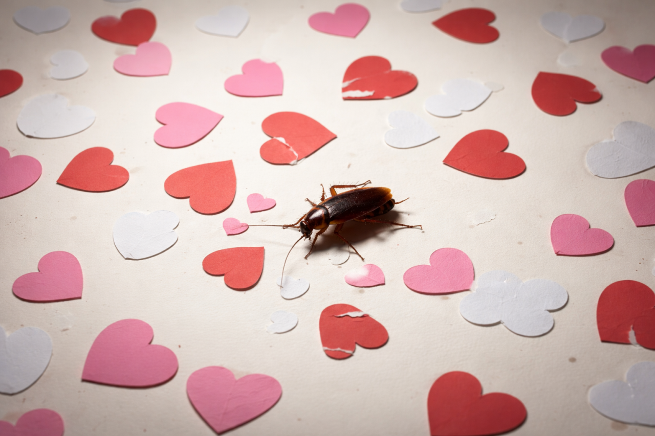 Cockroach surrounded by red, pink, and white paper hearts on a light background, symbolizing ironic or anti-Valentine’s Day love imagery.