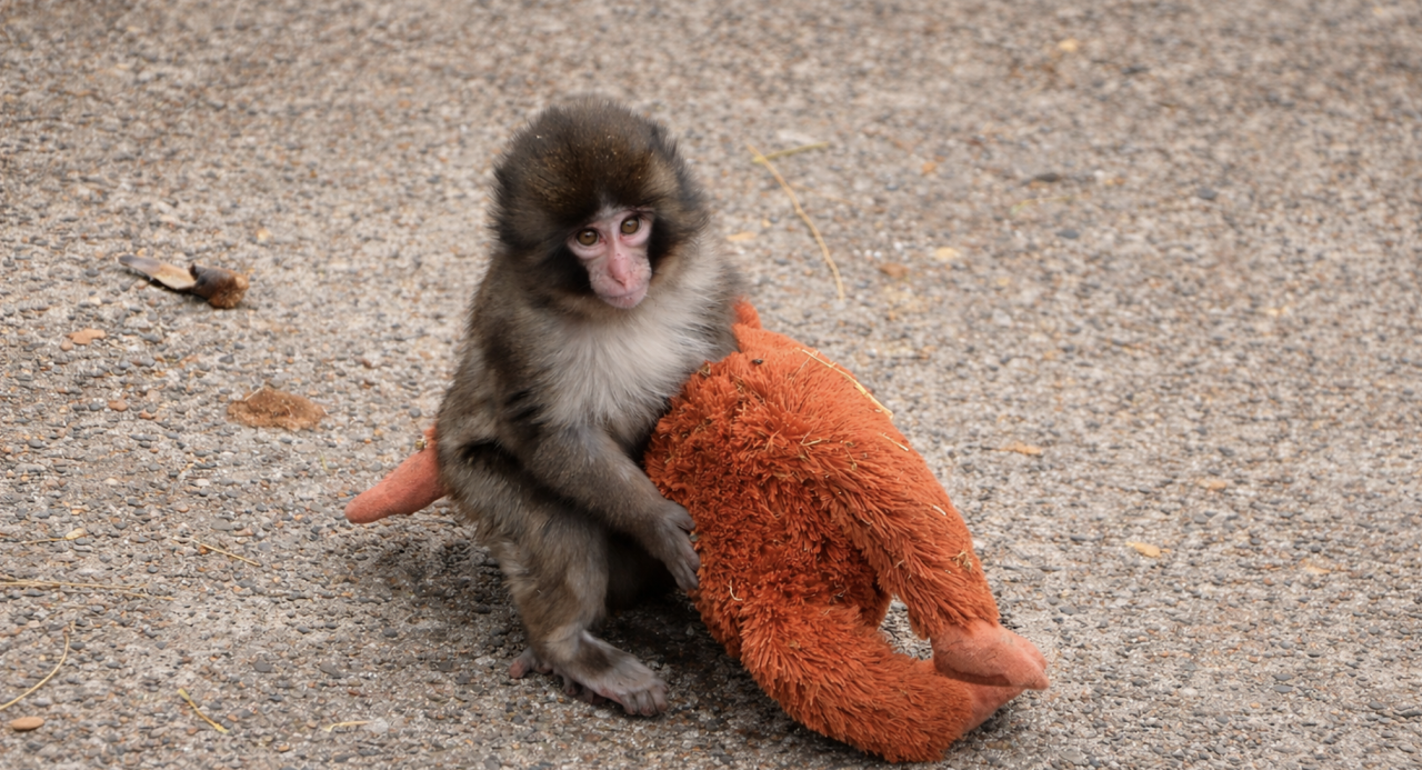 Punch-kun, a baby Japanese macaque also known as a snow monkey, walks across a zoo enclosure while clutching an orange stuffed orangutan for comfort.