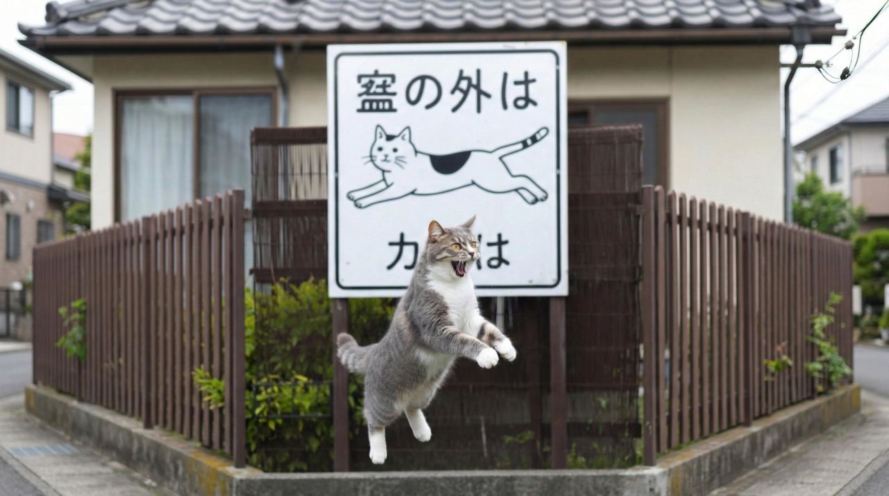 Gray cat jumping in front of Japanese sign reading ネコ飛出し注意 warning that cats may dash out suddenly