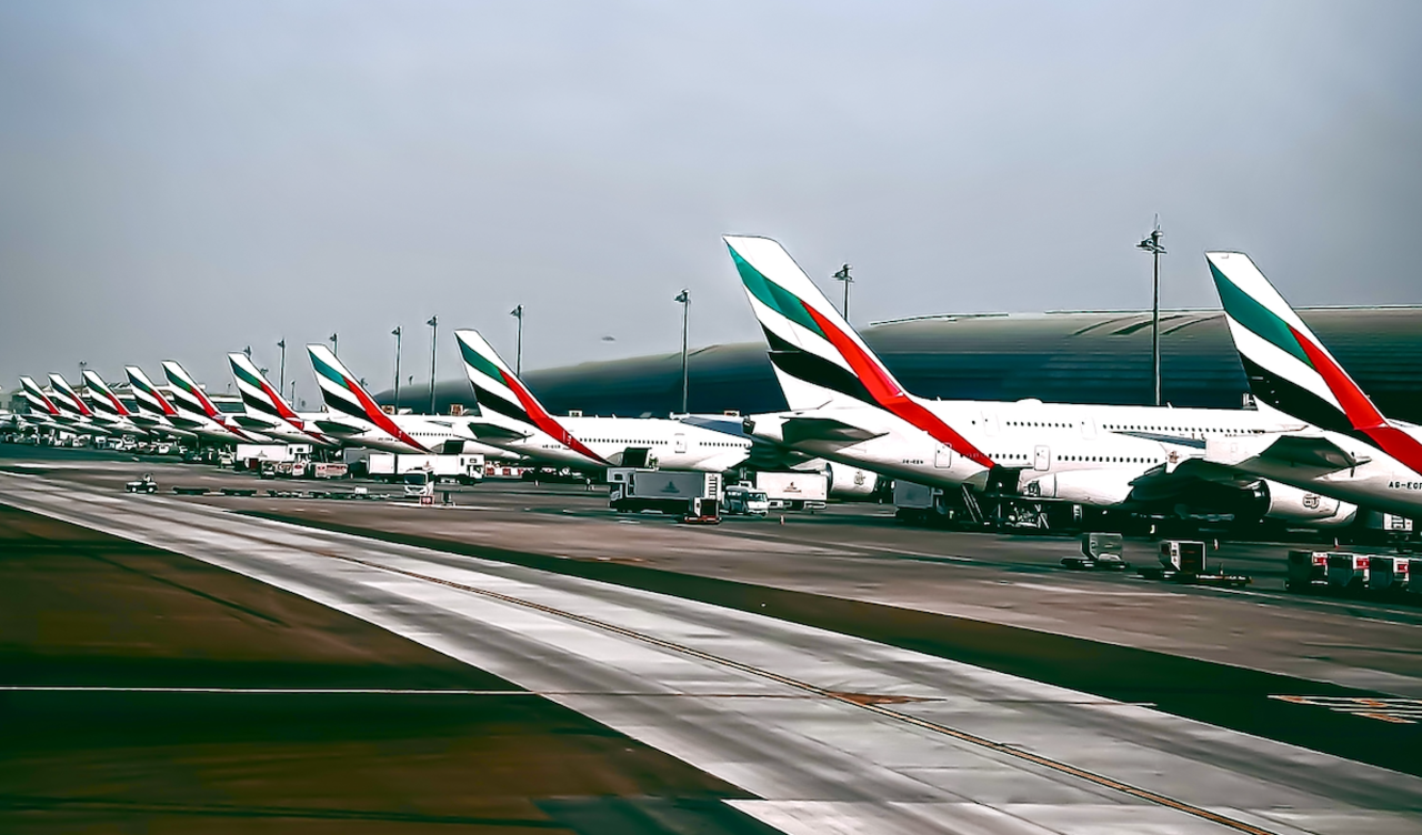 tails of planes with the UAE flags at Dubai International Airport