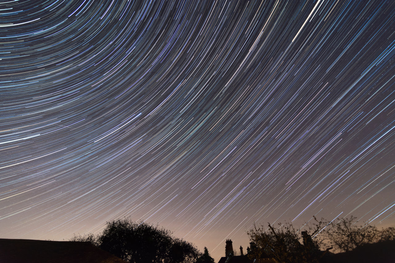  Multiple bright meteor trails streak across a blue-grey night sky above the dark silhouette of a bare tree