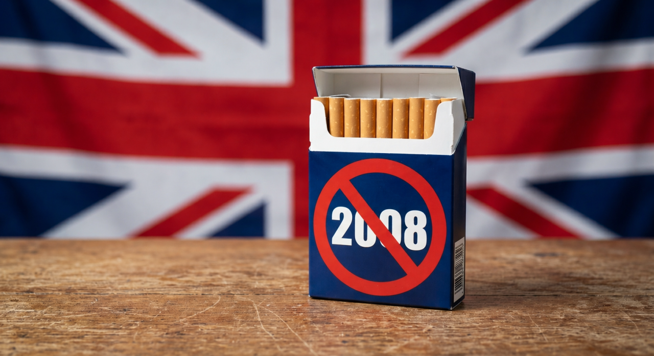 Cigarette pack with “2008” and no-smoking symbol on a wooden table with a blurred UK flag in the background