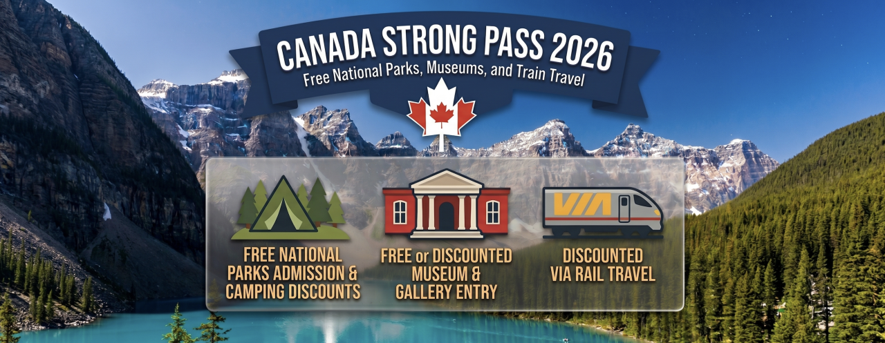 Canada Strong Pass 2026 promotional graphic featuring a turquoise glacial lake surrounded by snow-capped Rocky Mountain peaks, with a red banner reading "Canada Strong Pass 2026: Free National Parks, Museums, and Train Travel" and a maple leaf emblem