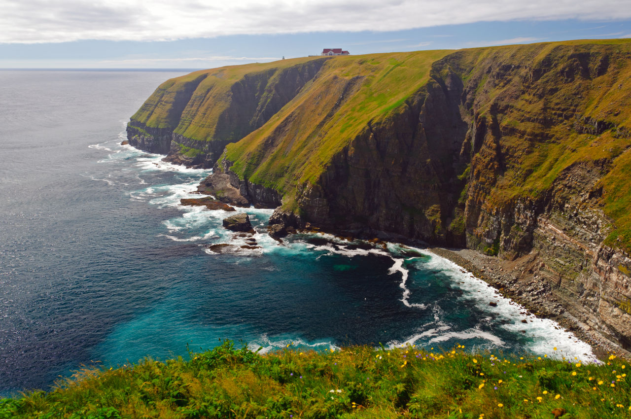 Dramatic green sea cliffs plunging into turquoise Atlantic waters along the Faroe-like coastline of Newfoundland and Labrador, Canada.