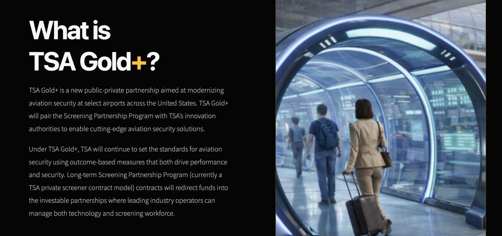 The official TSA Gold+ website explaining the new public-private airport security partnership focused on screening technology and staffing