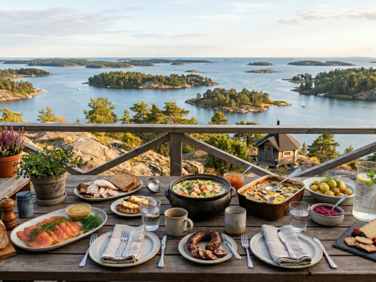 A beautifully set wooden table overlooking the Finnish archipelago, featuring smoked salmon, traditional rye breads, and regional side dishes.