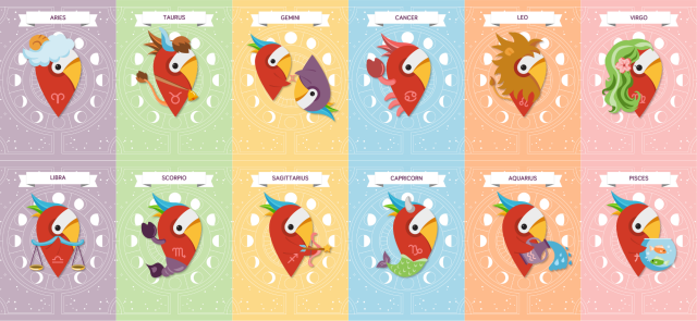 De mascotte van VakantiePiraten, Ruby, als elk sterrenbeeld op een rij.