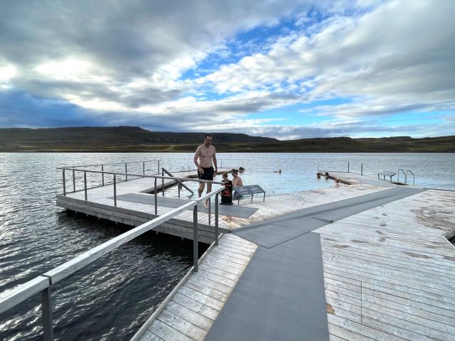 floating wooden pools on lake at Vok Baths in Iceland