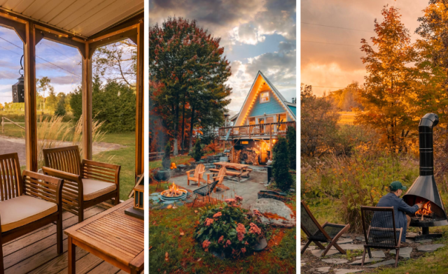 three pictures of fall at a blue A-Frame cabin