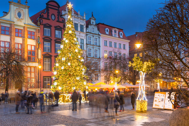 christmas tree in front of buildings in Gdansk