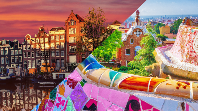 Aan de linkerkant zijn grachtenhuisjes in Amsterdam en aan de rechterhand is Park Guell in Barcelona.