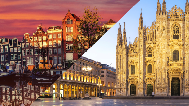 Aan de linkerkant zijn grachtenhuisjes in Amsterdam, aan de rechterkant is de Duomo Santa in Milaan.