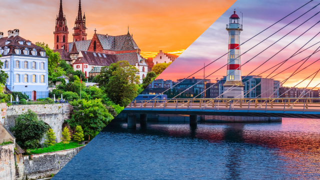 Aan de linkerkant is Basel en aan de rechterkant een brug in Malmö.