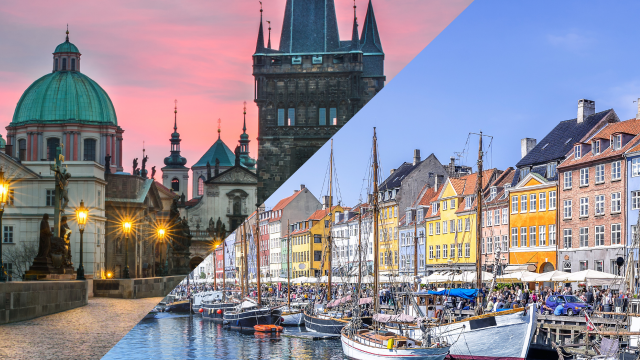 De Karelsbrug in Praag aan de linkerkant en de haven van Kopenhagen aan de rechterkant.