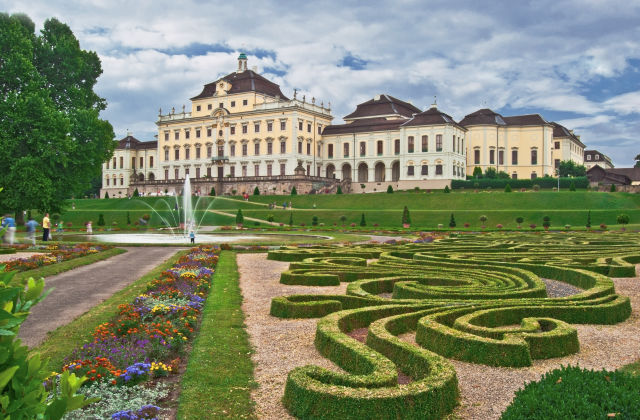 Residenzschloss Ludwigsburg with manicured gardens and blue skies