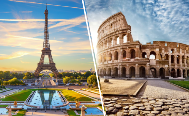 Eiffel Tower in Paris and Colosseum in Rome