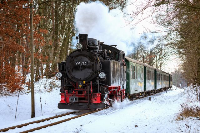Stoomtrein die door een besneeuwd landschap rijdt.