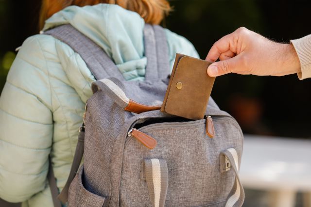 Vrouw waarbij haar portomonnee uit haar rugzak wordt gestolen.
