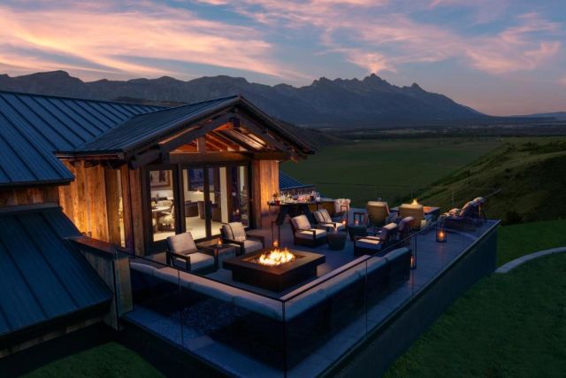 Private balcony with mountain sunset views at Hotel Yellowstone at Jackson Hole near Jackson, Wyoming