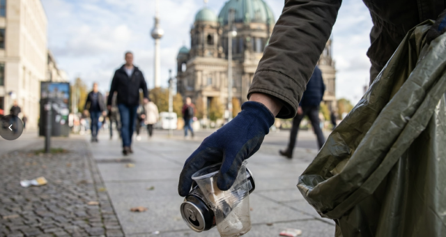 Volunteer picking up litter near Berlin Cathedral and the Fernsehturm as part of a city cleanup initiative