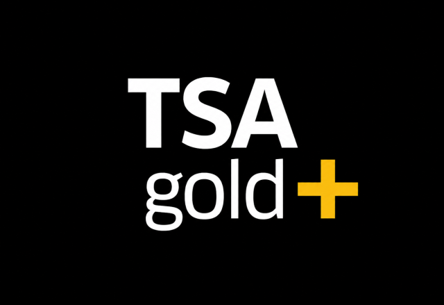 TSA Gold+ logo displayed on a black background as part of the Transportation Security Administration’s new airport privatization initiative