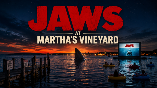 Floating movie screen set up in the waters of Martha’s Vineyard at sunset for a special Jaws screening event, with people watching from inner tubes as a shark fin rises from the water.