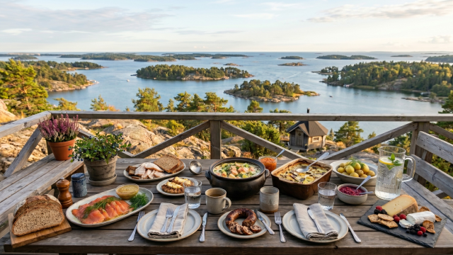 A rustic wooden table filled with traditional Finnish dishes—including salmon soup, cured fish, dark rye bread, and a glass water pitcher—on a deck overlooking a panoramic view of the rocky, pine-covered Finnish archipelago.
