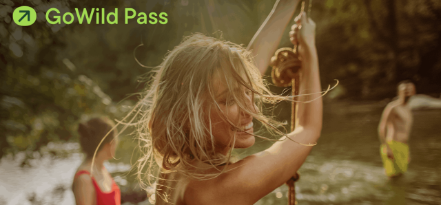 Frontier GoWild Pass promotional image showing people swimming in a river, with green GoWild Pass branding in the corner.