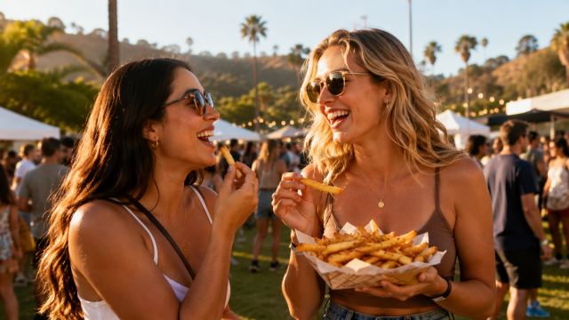 Two friends laughing and eating french fries at a sunny outdoor food festival in Los Angeles