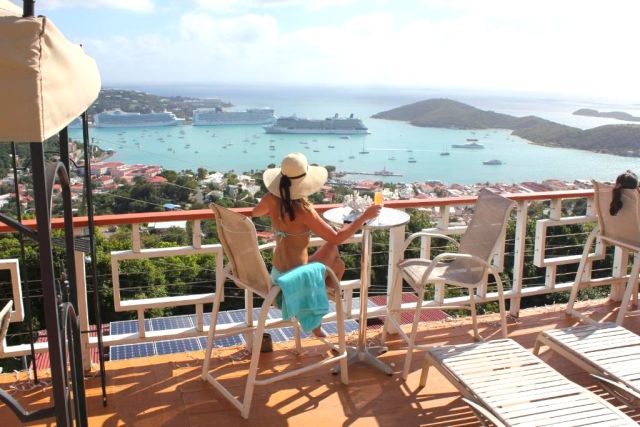 Woman on hotel terrace in the US Virgin Islands