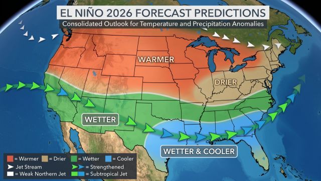NOAA Climate Prediction Center chart showing a greater than 90% chance of a very strong El Niño during fall and winter 2026-27.