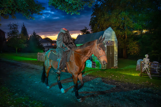 The Headless Horseman rides through Sleepy Hollow after dark.