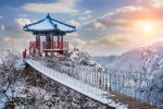 A snowy temple and bridge in South Korea